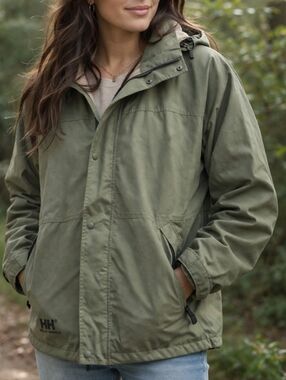 Helly Hansen Olive Green Hooded Jacket Windbreaker Waterproof Outdoor Hiking
